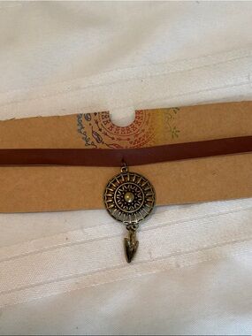 Boho Brown Faux Leather Choker with Antique Brass Pendant